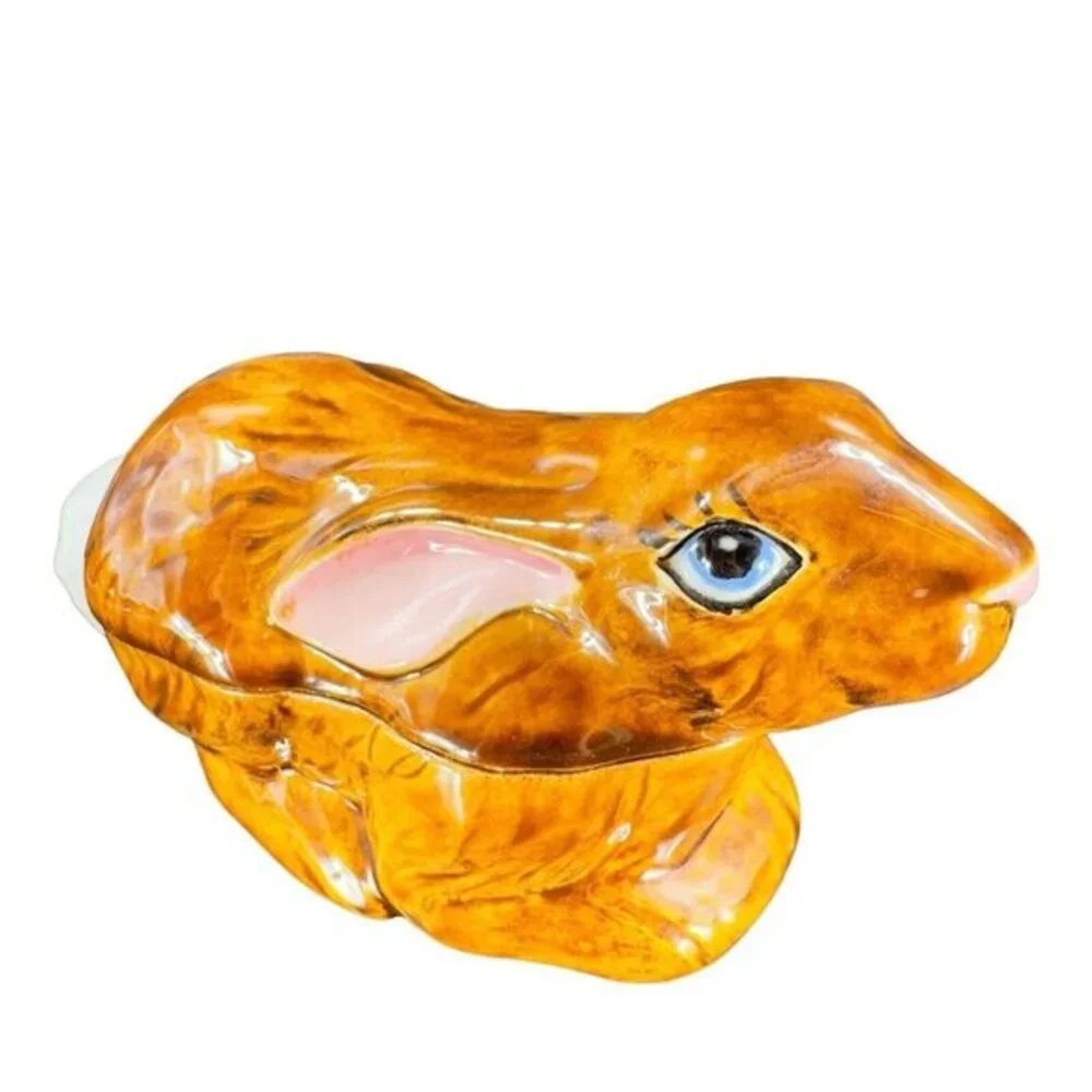 Hand Painted Ceramic Bunny Rabbit‎ Covered Dish W Lid Signed 1980s Vintage Decor